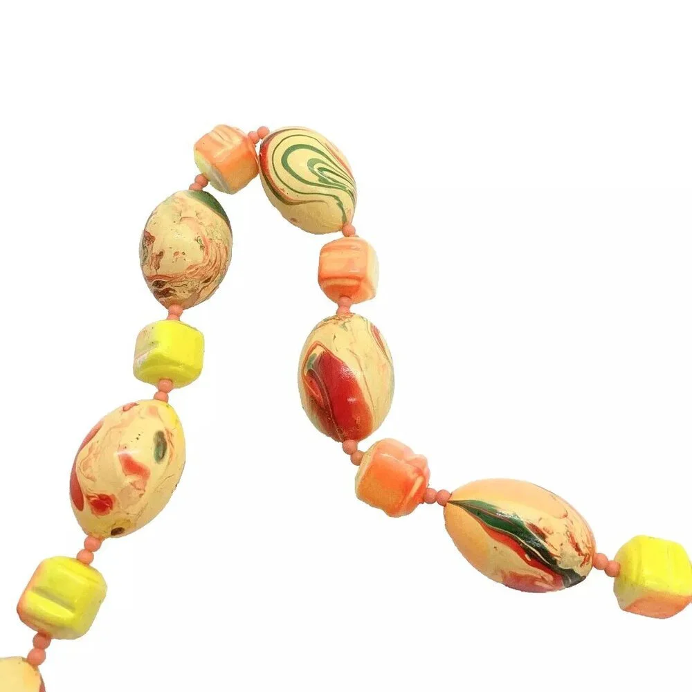 Colorful Orange & Yellow Swirl Painted Bead Necklace